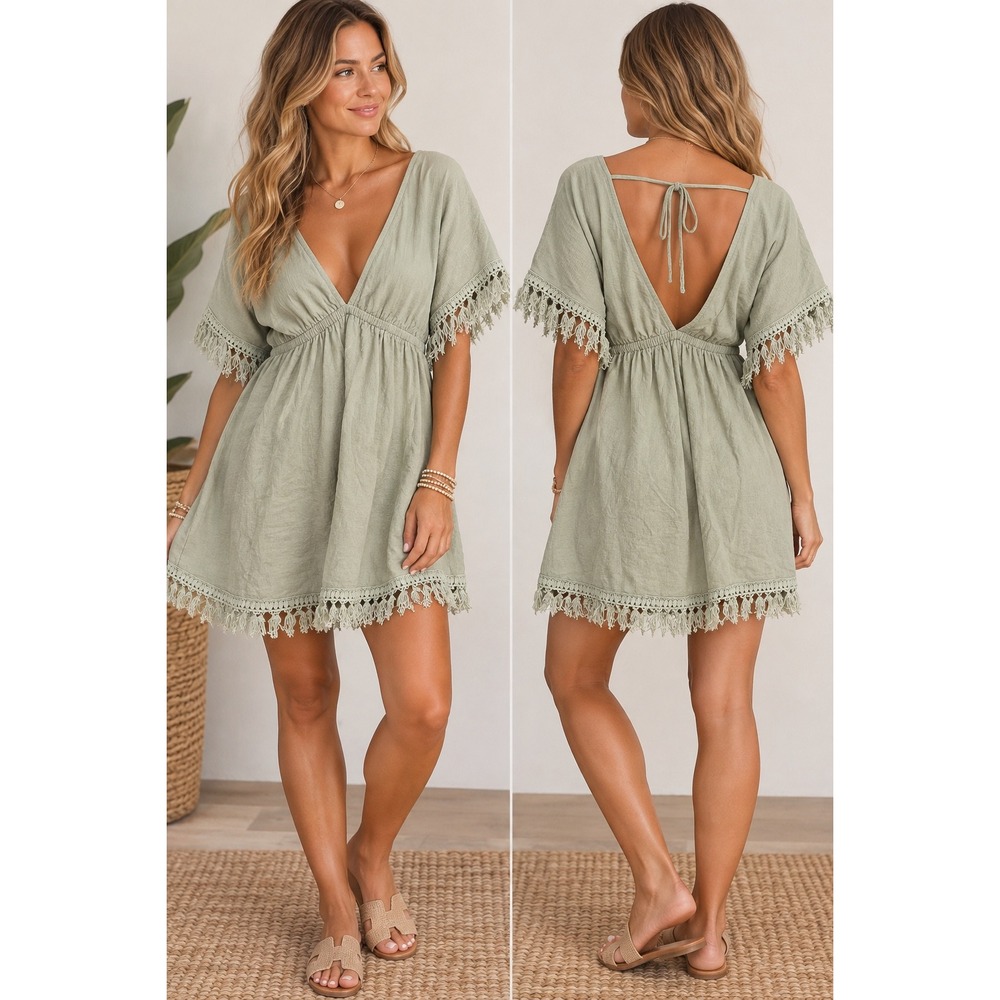 SBetro Sage Green Cotton Gauze Tassel Trim Mini Dress V-Neck Boho Small